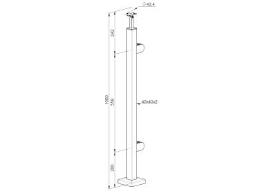 Edelstahl Geländerpfosten rechts 40x40 Bauhöhe 1000mm Vierkantrohr mit Glashalter Vierkant Eckpfosten